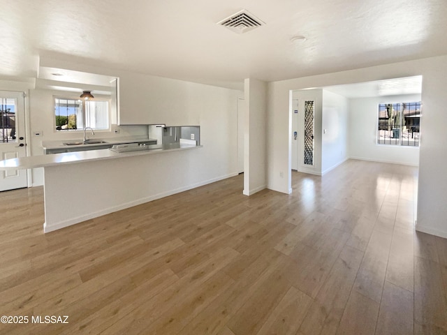 interior space with light hardwood / wood-style floors and sink