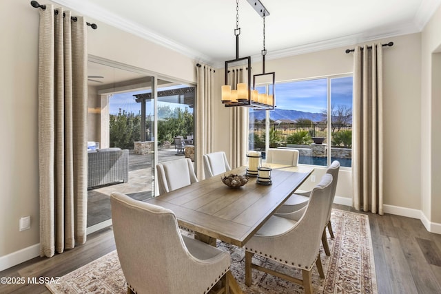 dining area with a mountain view, hardwood / wood-style flooring, crown molding, and a notable chandelier