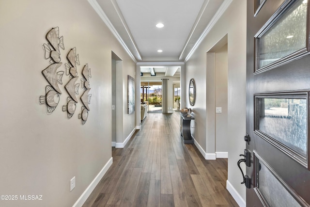 hall featuring dark wood-type flooring and ornamental molding