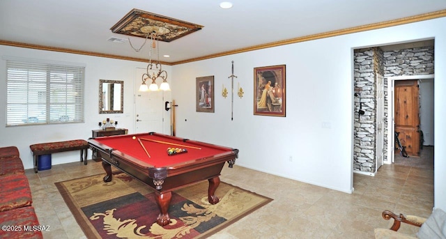 game room featuring crown molding and pool table