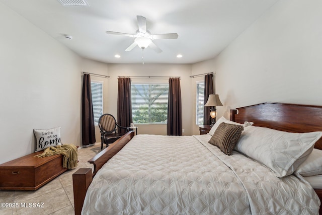 bedroom with light tile patterned flooring, visible vents, recessed lighting, and a ceiling fan