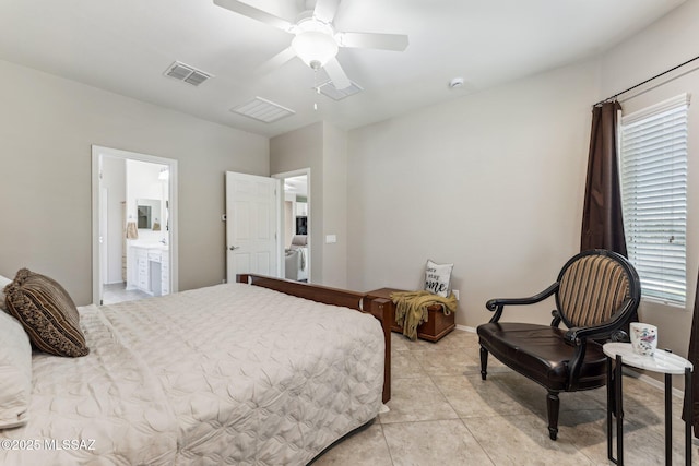 bedroom with light tile patterned floors, visible vents, baseboards, and ceiling fan