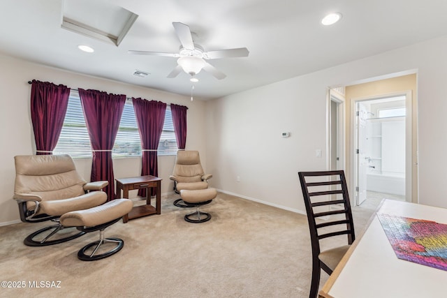 office area with attic access, recessed lighting, baseboards, and light carpet