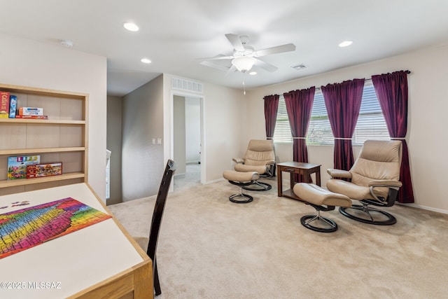 interior space featuring recessed lighting, visible vents, carpet floors, and ceiling fan