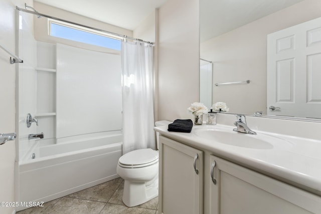 bathroom with tile patterned flooring, vanity, toilet, and shower / tub combo with curtain