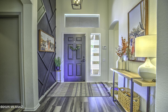 entryway with a high ceiling, wood finished floors, and baseboards