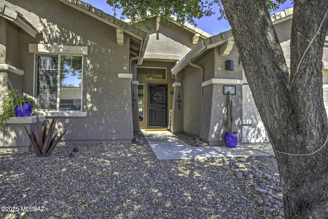 entrance to property featuring stucco siding