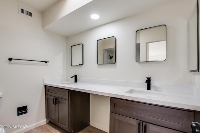 bathroom with vanity and hardwood / wood-style flooring