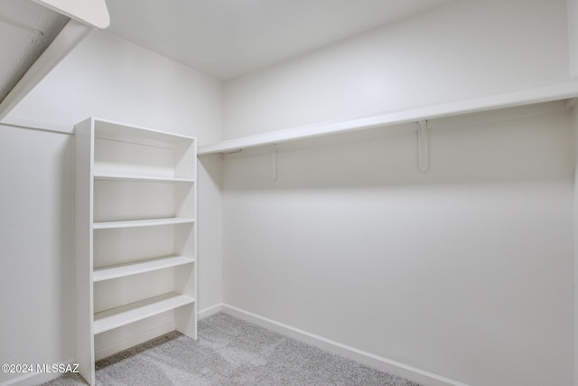 walk in closet featuring light carpet