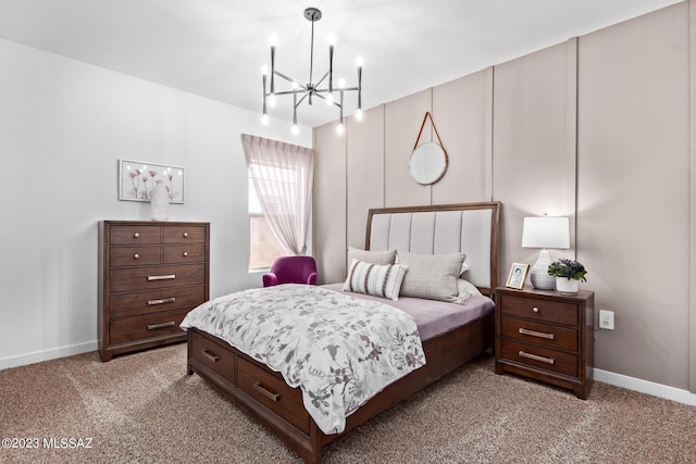 bedroom featuring an inviting chandelier, baseboards, and light colored carpet