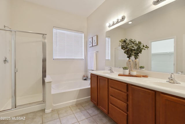 bathroom with vanity, separate shower and tub, and tile patterned flooring