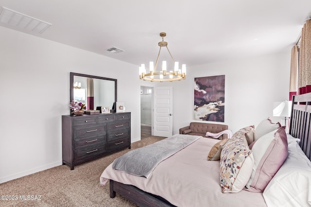 bedroom with baseboards, visible vents, light carpet, and a notable chandelier