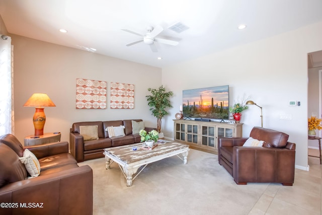 living room featuring a ceiling fan, recessed lighting, and visible vents