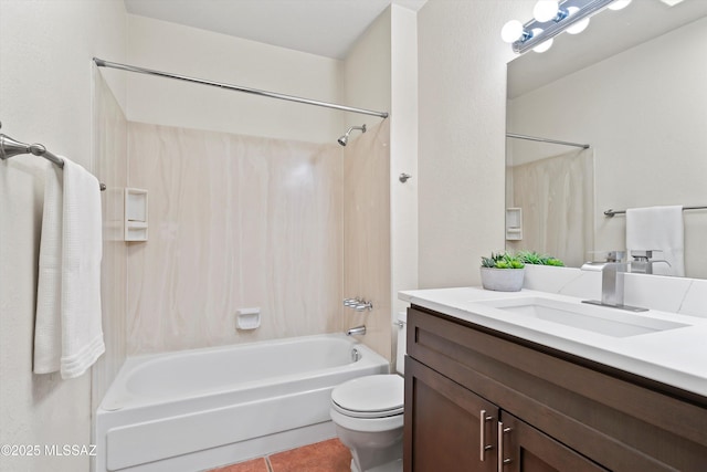 full bathroom featuring shower / bathing tub combination, vanity, tile patterned flooring, and toilet