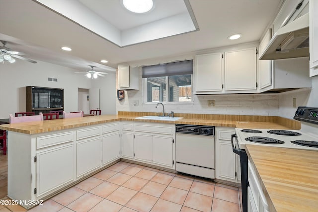 kitchen featuring a peninsula, electric range, white dishwasher, a sink, and under cabinet range hood