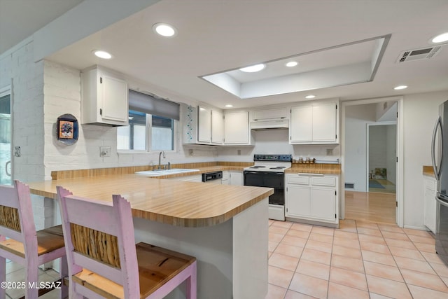 kitchen featuring visible vents, a sink, range with electric cooktop, under cabinet range hood, and a raised ceiling