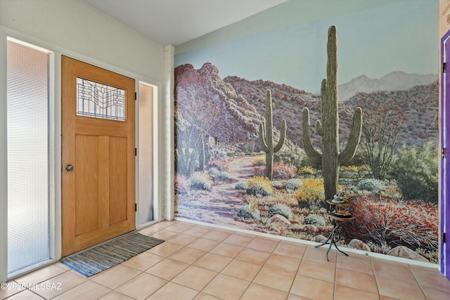 tiled foyer with a mountain view