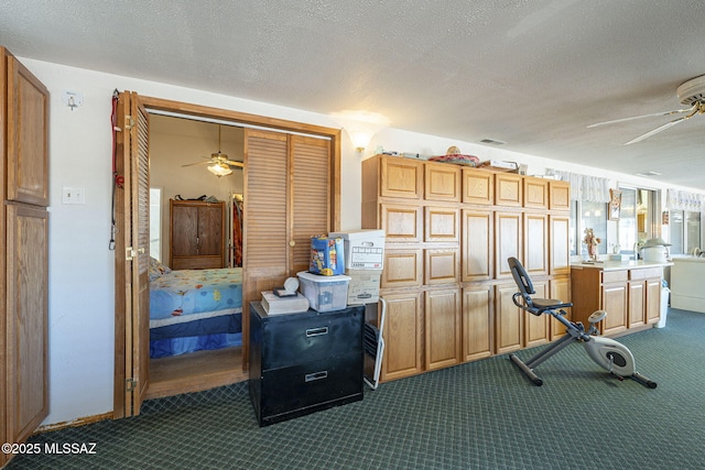 interior space featuring ceiling fan, a textured ceiling, and dark colored carpet