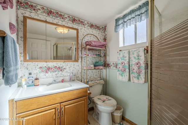bathroom with vanity, an enclosed shower, and toilet