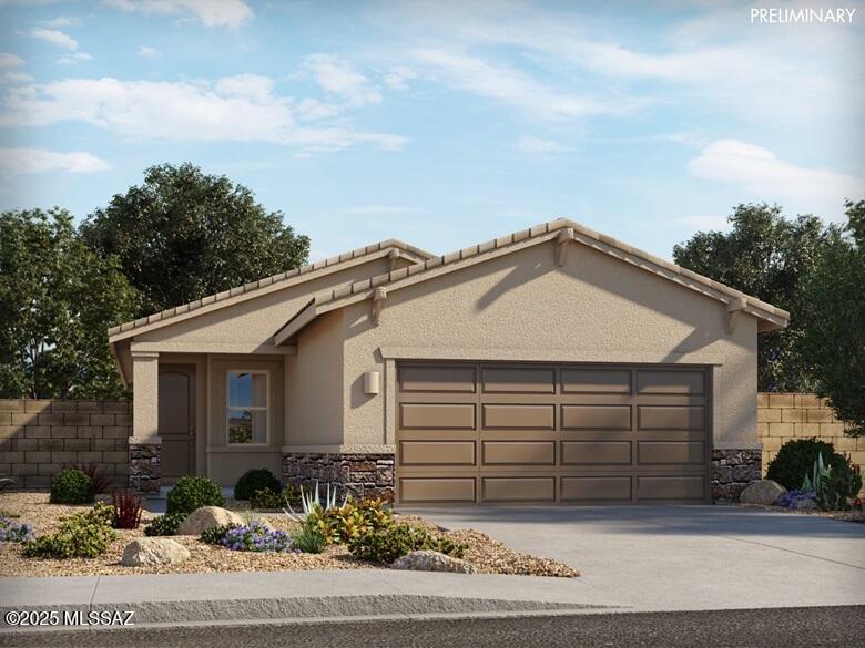 view of front of property featuring a garage, driveway, stone siding, fence, and stucco siding