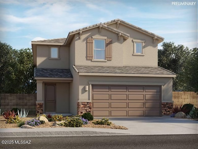 view of front facade with stucco siding, concrete driveway, fence, a garage, and stone siding