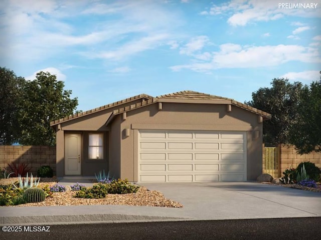 single story home with a garage, concrete driveway, fence, and stucco siding