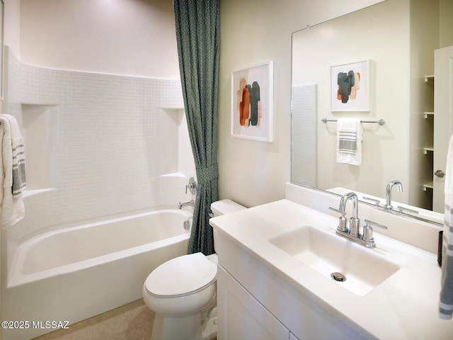 bathroom featuring tile patterned flooring, vanity, toilet, and shower / bath combo with shower curtain