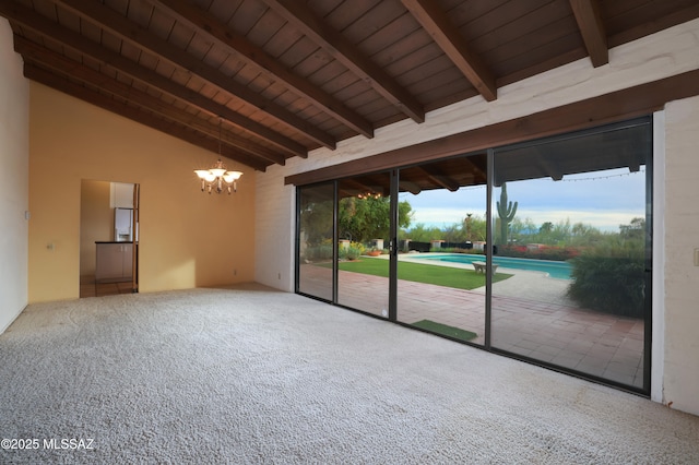 unfurnished room with a chandelier, high vaulted ceiling, wooden ceiling, beam ceiling, and carpet