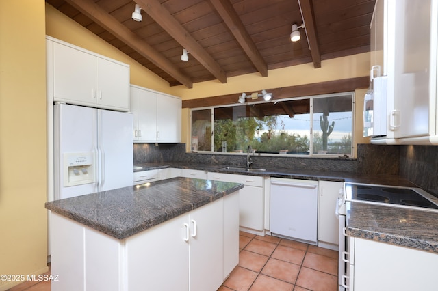 kitchen with tasteful backsplash, white cabinetry, a kitchen island, a sink, and white appliances