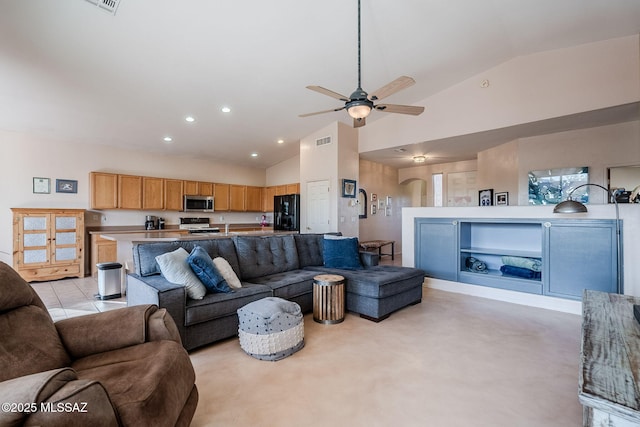 living area with arched walkways, ceiling fan, high vaulted ceiling, recessed lighting, and visible vents