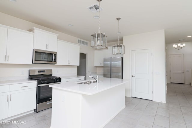 kitchen with white cabinetry, a center island with sink, stainless steel appliances, sink, and pendant lighting