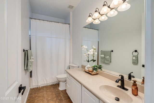 full bathroom featuring shower / bath combination with curtain, visible vents, vanity, and toilet