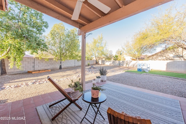 view of patio / terrace featuring ceiling fan and a fenced backyard