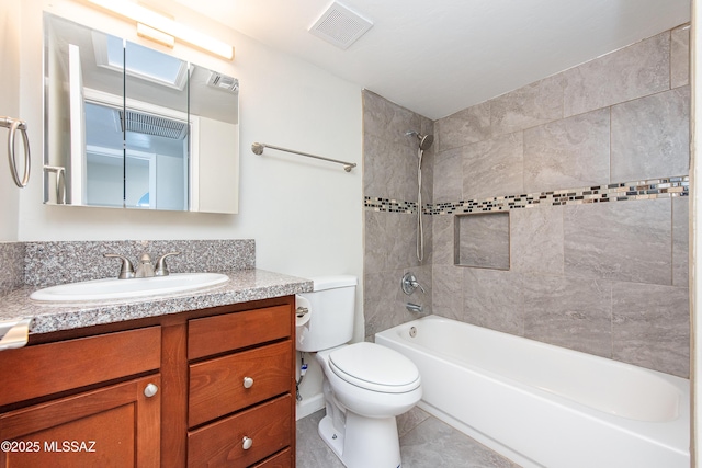 full bath featuring toilet, shower / bath combination, vanity, visible vents, and tile patterned floors