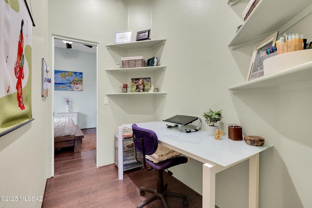 home office with dark wood-type flooring