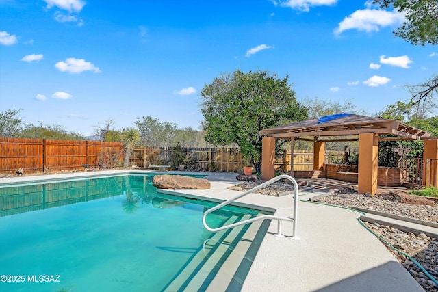 view of swimming pool featuring a gazebo, a patio, a fenced backyard, and a fenced in pool