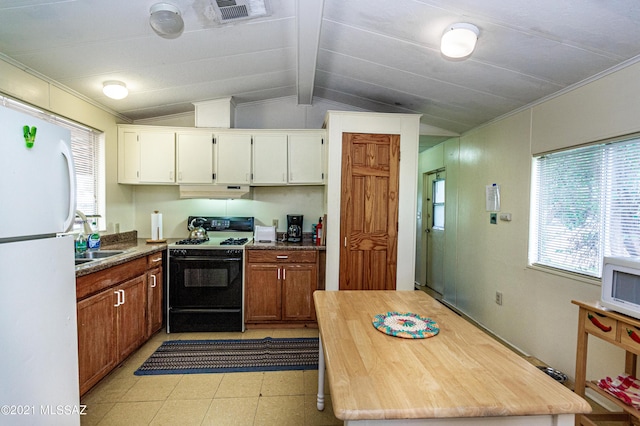 kitchen with white cabinetry, vaulted ceiling with beams, sink, white refrigerator, and gas stove