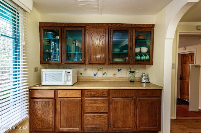 bar featuring ornamental molding, wood-type flooring, and decorative backsplash