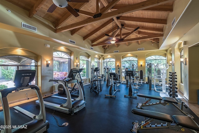 workout area with wooden ceiling, visible vents, and a ceiling fan