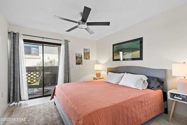 bedroom with access to exterior, tile patterned flooring, ceiling fan, and baseboards