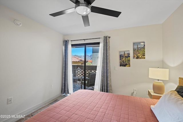 bedroom featuring access to exterior, ceiling fan, and baseboards