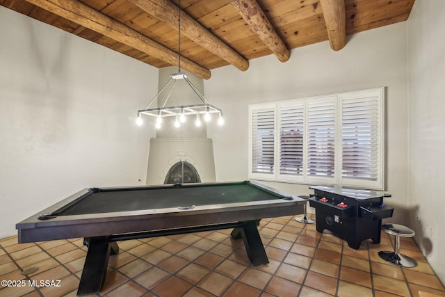 recreation room featuring tile patterned floors, beam ceiling, pool table, and wood ceiling