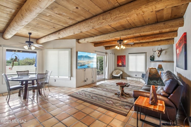 living room featuring beam ceiling, light tile patterned floors, ceiling fan, and wooden ceiling