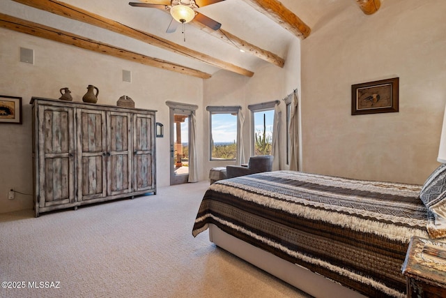 bedroom with beamed ceiling, visible vents, access to outside, a high ceiling, and light colored carpet