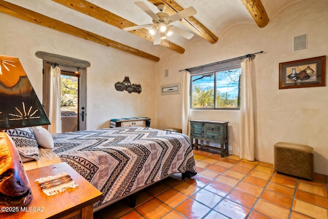 tiled bedroom featuring beamed ceiling, multiple windows, visible vents, and ceiling fan