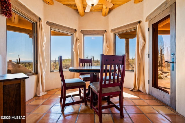 sunroom / solarium featuring beam ceiling and wooden ceiling