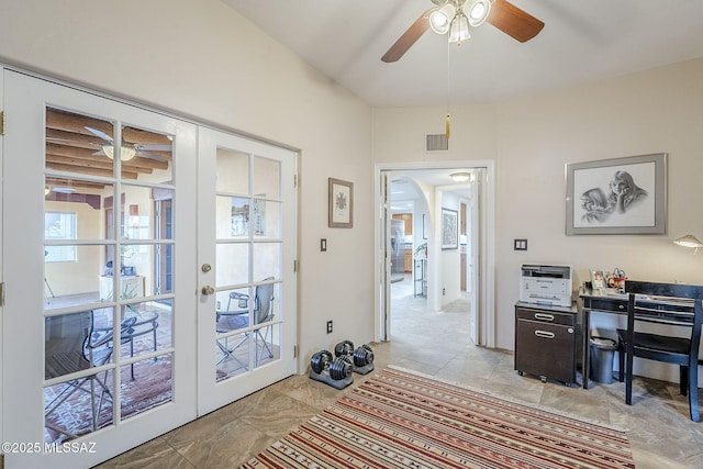 office featuring ceiling fan, visible vents, and french doors