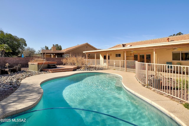 1660 N Fox Run Pl, Tucson, AZ 85715 - view of swimming pool with a fenced in pool, a fenced backyard, ceiling fan, and a patio area