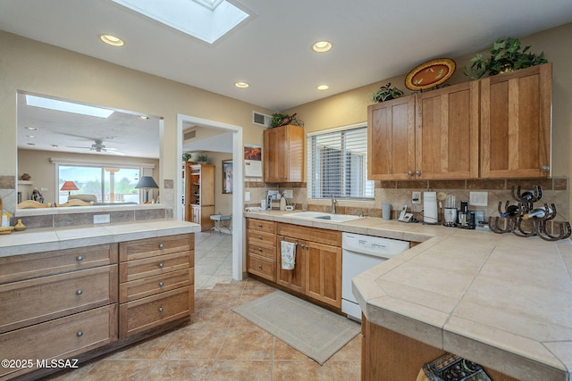 kitchen featuring tile countertops, dishwasher, a skylight, backsplash, and sink