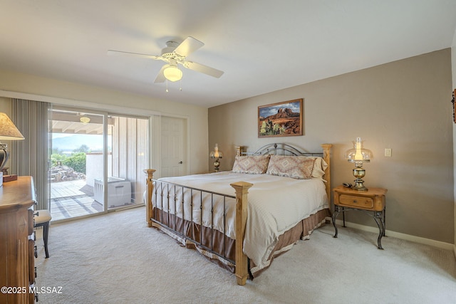 bedroom featuring light carpet, access to outside, and ceiling fan